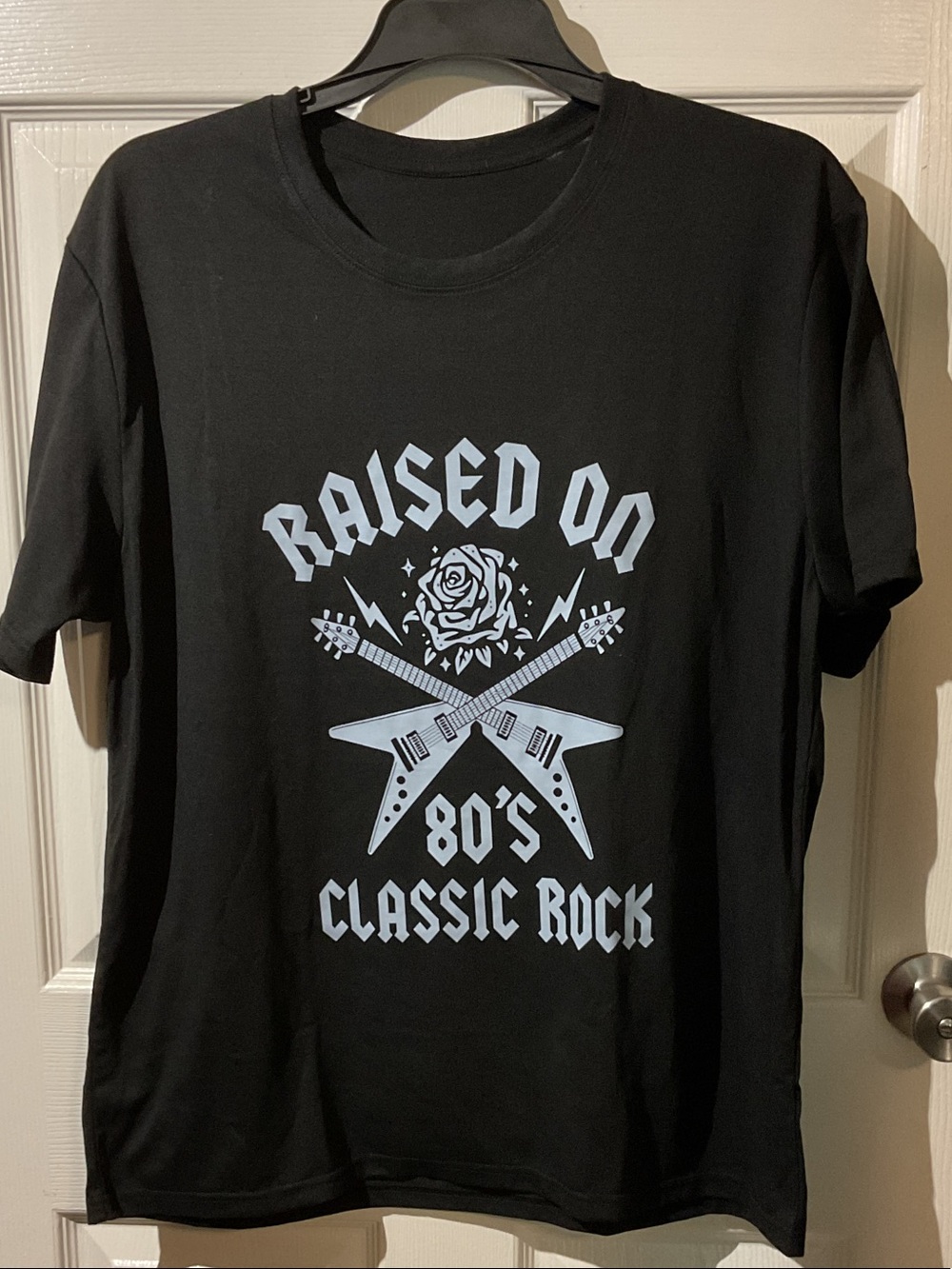 Raised On 80's Classic Rock Graphic Tee - Black with Light Blue Print